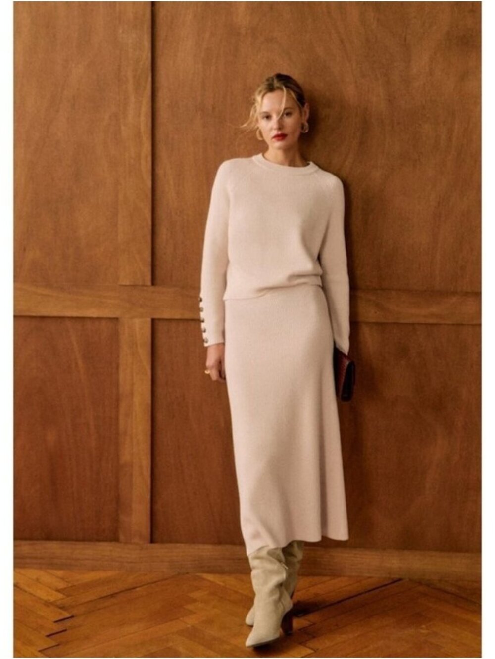 NWT Sezane Naelle in Natural Merino Wool Cotton Midi Sweater Skirt XL